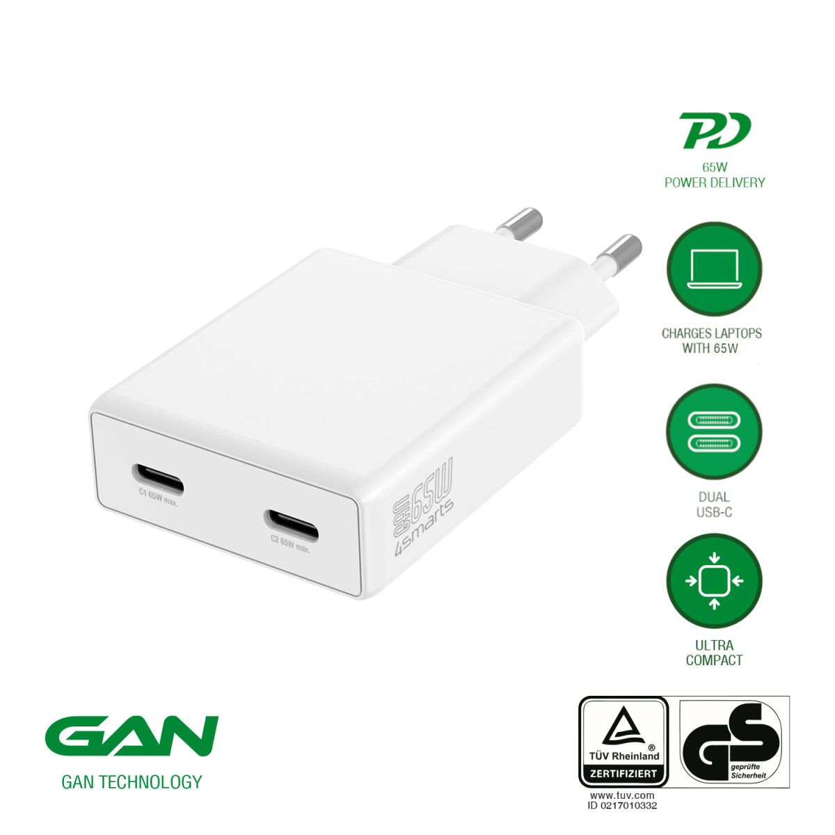4smarts PDPlug Slim Dual 65W GaN 2C, Netzladegerät