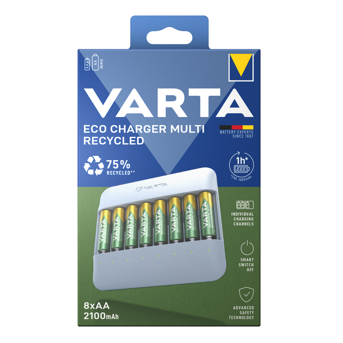 Varta Eco Charger Multi Recycled + 8x AA 2100 mAh, Ladegerät inkl. NiMh Akkus