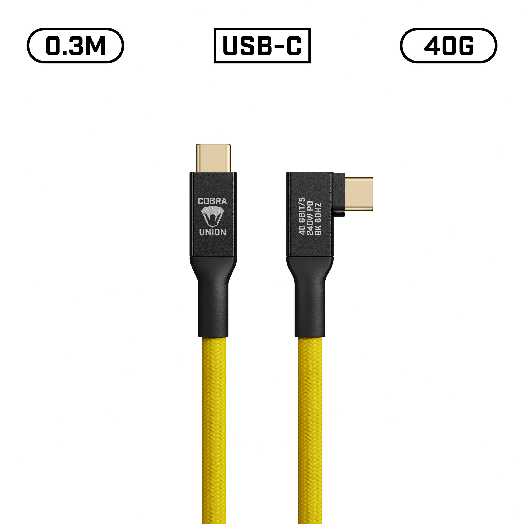 Cobra Union USB-C Cable 0,3M 40G - Yellow Angled