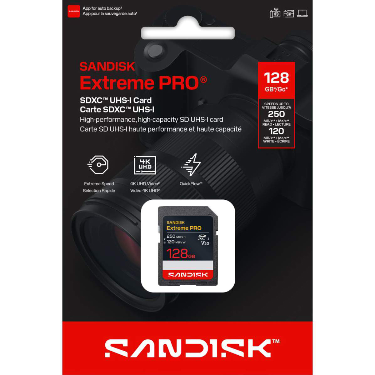 SanDisk 128 GB SDXC-Karte Extreme PRO UHS-I V30 U3 R250MB/s / W120MB/s 4K UHD
